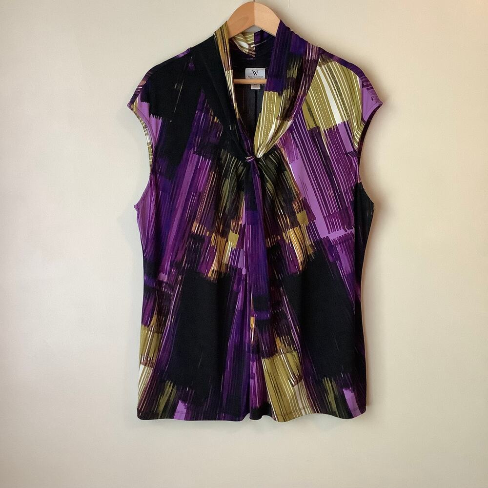 Worthington Woman Stretch Sleeveless Blouse Abstract Brush Stroke Plus Size 2X
